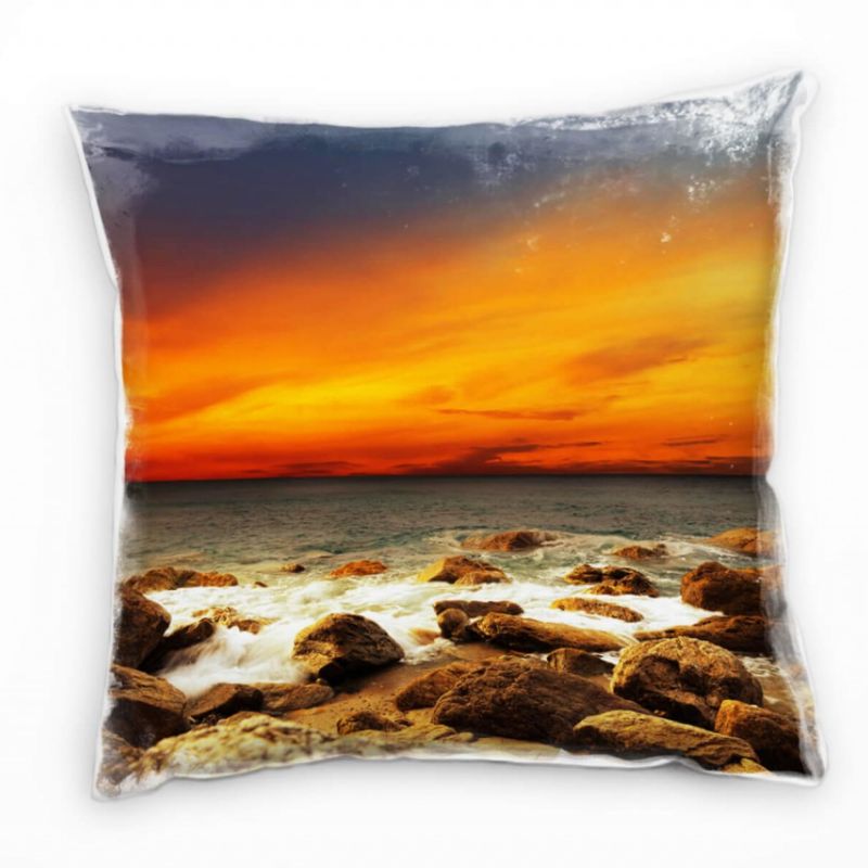 Strand und Meer, orange, braun, Sonnenuntergang Deko Kissen 40x40cm für Couch Sofa Lounge Zierkissen