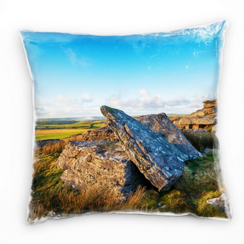 Landschaft, Felsen, Gras, blau, grün, grau Deko Kissen 40x40cm für Couch Sofa Lounge Zierkissen