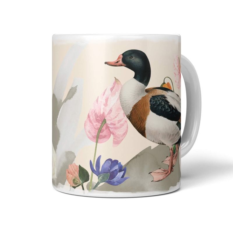 Dekorative Tasse mit schönem Vogel Motiv Ente Hausente Blumen Blüten Kunstvoll