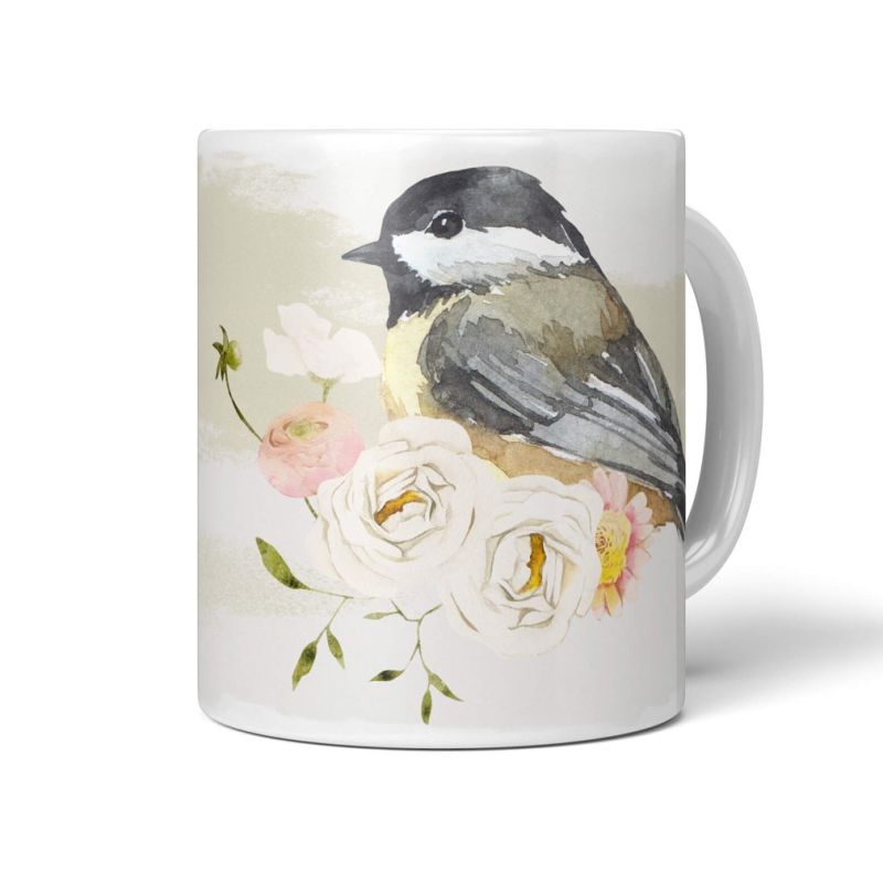 Dekorative Tasse mit schönem Vogel Motiv Schwarzkopfmeise Meise Singvogel Blumen Blüten