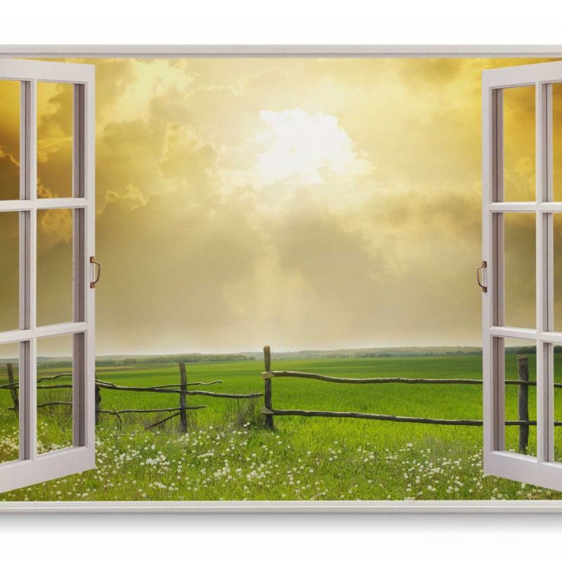 Wandbild 120x80cm Fensterbild Feld Grün Holzzaun Natur Landschaft Sommer