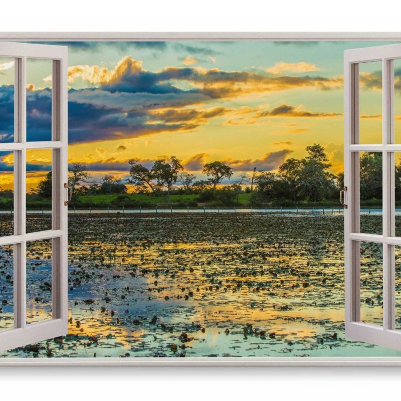 Wandbild 120x80cm Fensterbild Abendrot roter Himmel Sonnenuntergang Landschaft