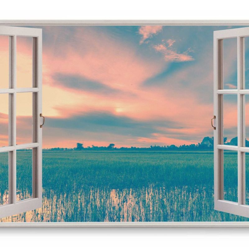 Wandbild 120x80cm Fensterbild Landschaft Grün Natur Feld Horizont Abenddämmerung