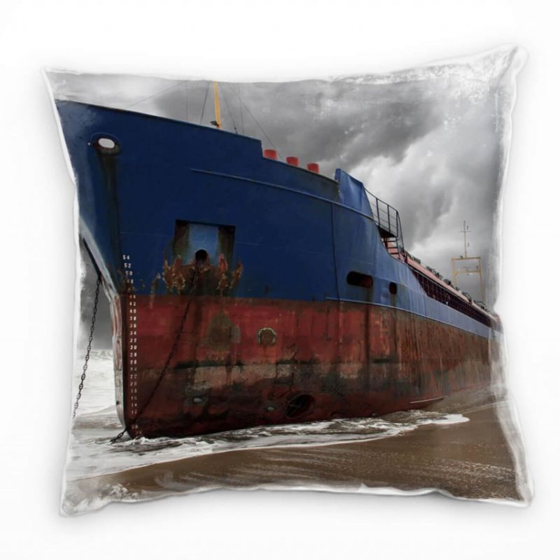 Strand und Meer, gestrandetes Schiff, braun, blau Deko Kissen 40x40cm für Couch Sofa Lounge Zierkiss