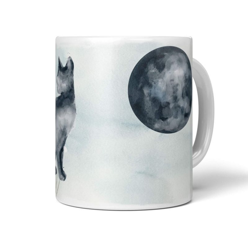 Tasse Porzellan Tier Motiv Katze Vollmond Mond Wasserfarben Mystisch Astrologie