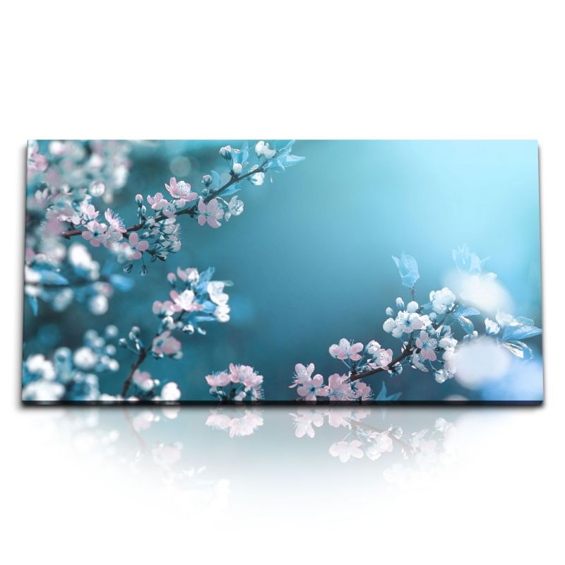 Kunstdruck Bilder 120x60cm Baumblüte Blüten Kirschblüten Frühling Hellblau