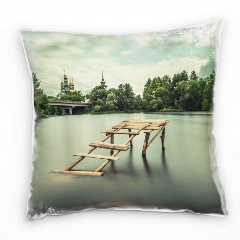 Seen, Bäume, Steg, Schloss im Hintergrund, grün Deko Kissen 40x40cm für Couch Sofa Lounge Zierkissen