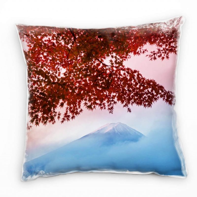 Landschaft, Berg im Nebel, Laubbaum, rot, blau Deko Kissen 40x40cm für Couch Sofa Lounge Zierkissen