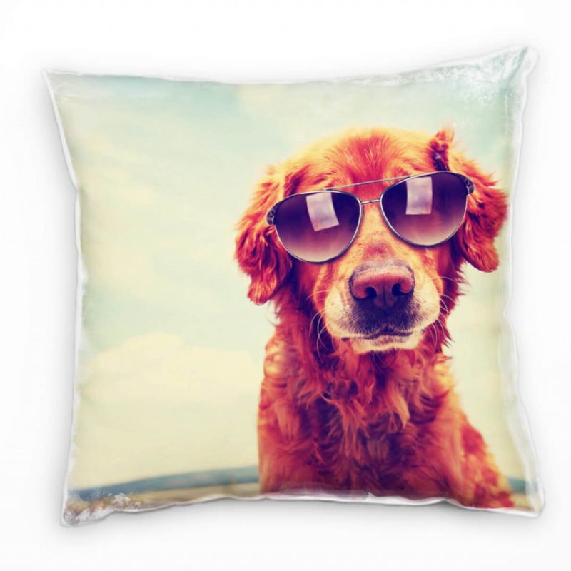 Tiere, Hund mit Sonnenbrille, Golden Retriever, braun, blau Deko Kissen 40x40cm für Couch Sofa Loung