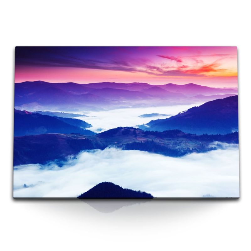 120x80cm Wandbild auf Leinwand Blaue Berge Berglandschaft Sonnenuntergang Nebel