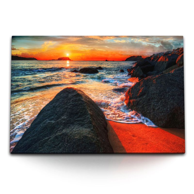 120x80cm Wandbild auf Leinwand Hawaii Sonnenuntergang Meer Abendrot Felsen