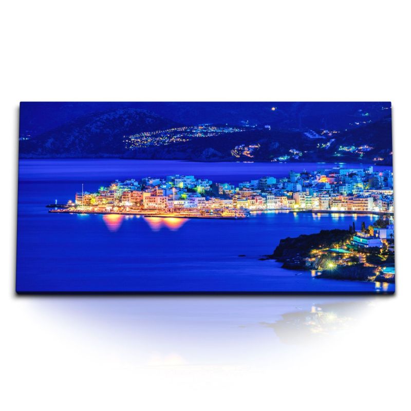 Kunstdruck Bilder 120x60cm Griechenland Kreta Küste bei Nacht Stadt