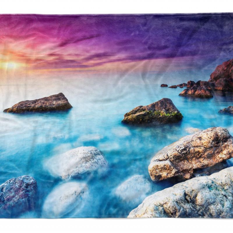 Handtuch Strandhandtuch Saunatuch Kuscheldecke  mit Fotomotiv Felsen Sonnenunter