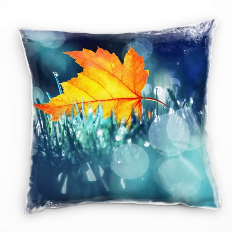 Herbst, Laubblatt, Wiese, orange, blau Deko Kissen 40x40cm für Couch Sofa Lounge Zierkissen