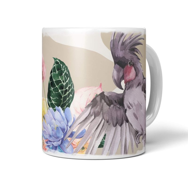 Dekorative Tasse mit schönem Vogel Motiv Kakadus Blumen Blüten Exotisch Kunstvoll Vintage