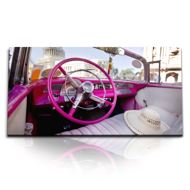 Kunstdruck Bilder 120x60cm Kuba Havanna Oldtimer Auto Rosa Sonnenschein