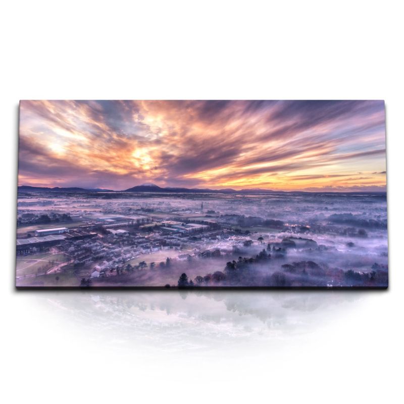 Kunstdruck Bilder 120x60cm Irland Ballina Stadt Horizont roter Himmel Sonnenuntergang