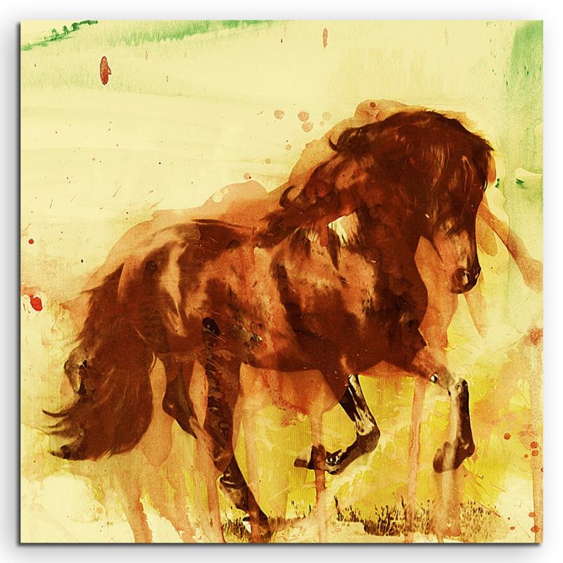 Black Horse Running 60x60cm  Aquarell Art Leinwandbild