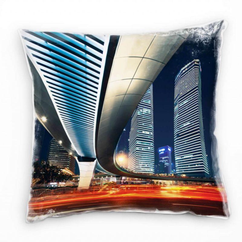 Urban und City, rot, blau, Lichtlinien, Nacht, Brücke Deko Kissen 40x40cm für Couch Sofa Lounge Zier