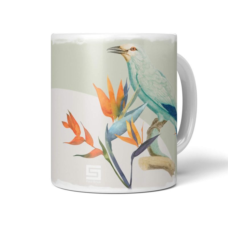 Dekorative Tasse mit schönem Vogel Motiv Singvogel Blumen Farbenfroh Pastelltöne Kunstvoll