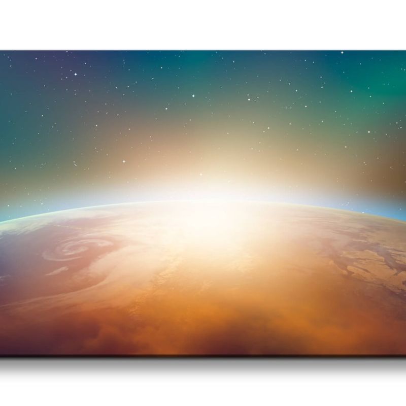 Leinwandbild 120x60cm Erde Planet Weltall Sonnenuntergang Atmosphäre Sterne