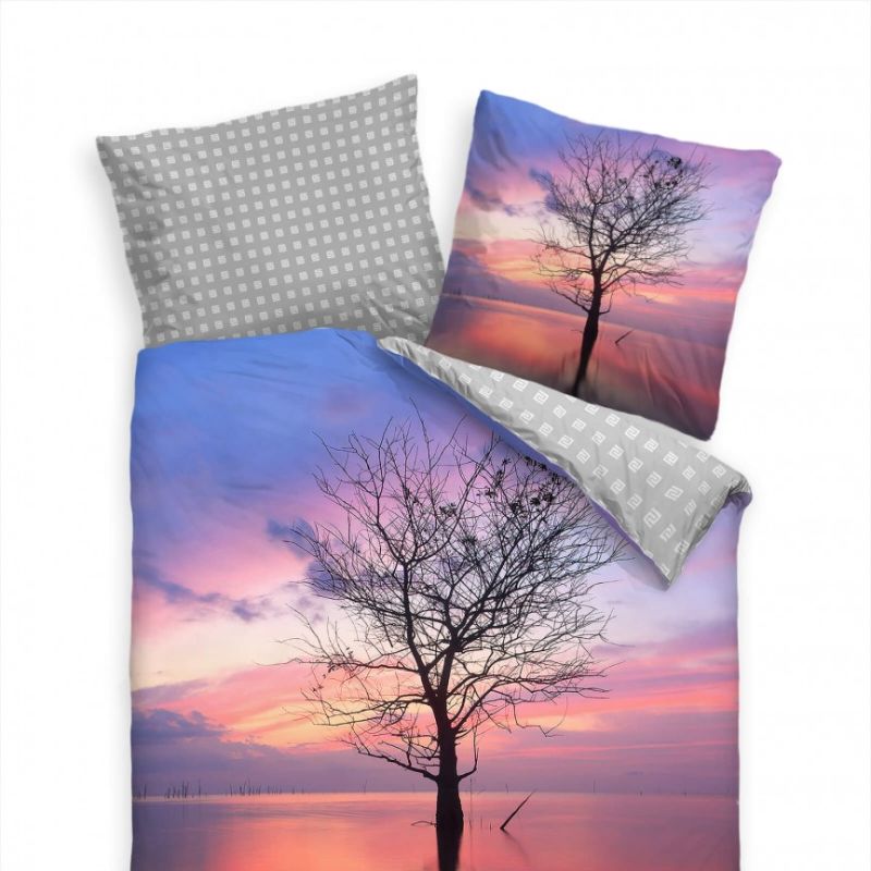 Sonnenaufgang See Baum Blau Lila Bettwäsche Set 135×200 cm + 80x80cm  Atmungsaktiv