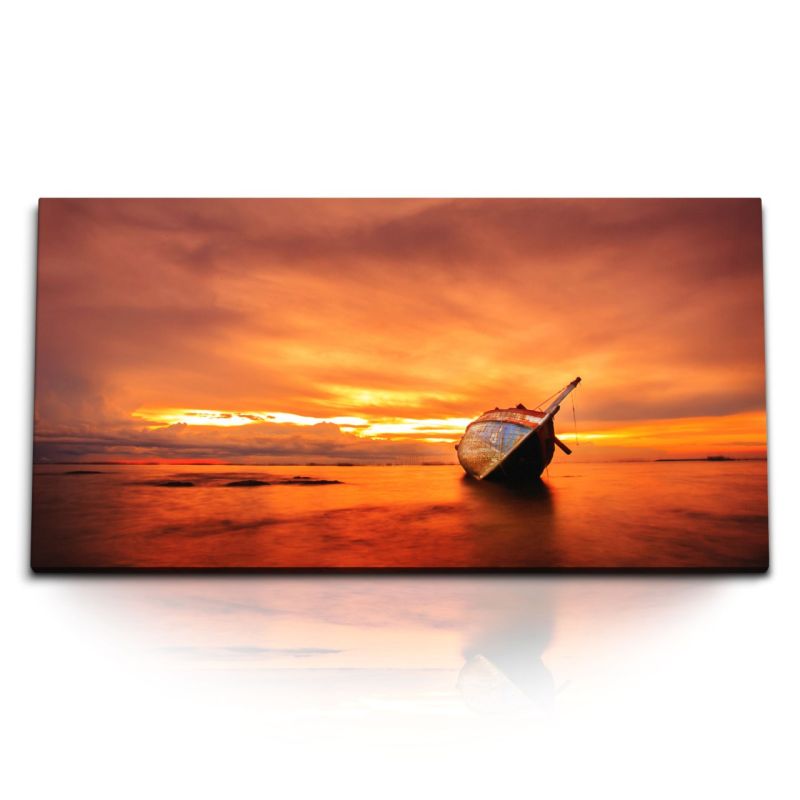 Kunstdruck Bilder 120x60cm Schiffsfrack Ebbe roter Himmel Meer Abendrot