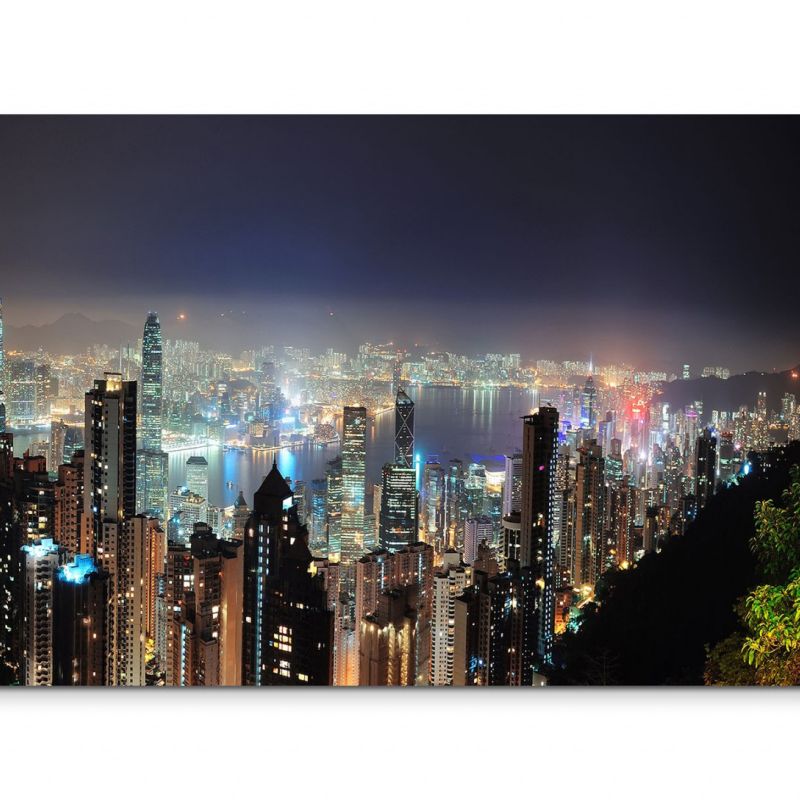 120x80cm Wandbild Hongkong Victoria Harbor Skyline Nacht Lichter