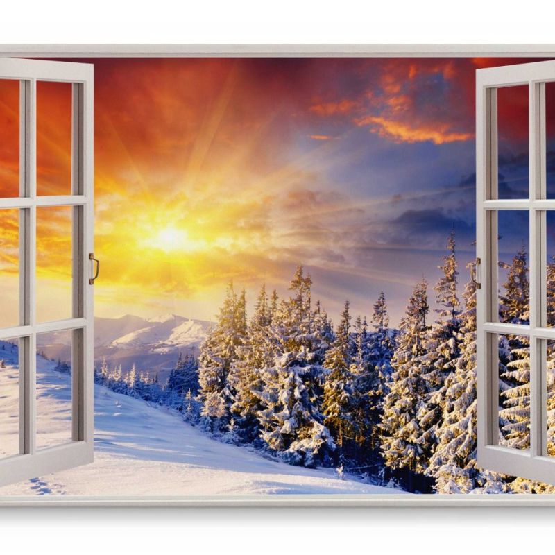 Wandbild 120x80cm Fensterbild Berglandschaft Winter Schnee Sonnenuntergang Tannen