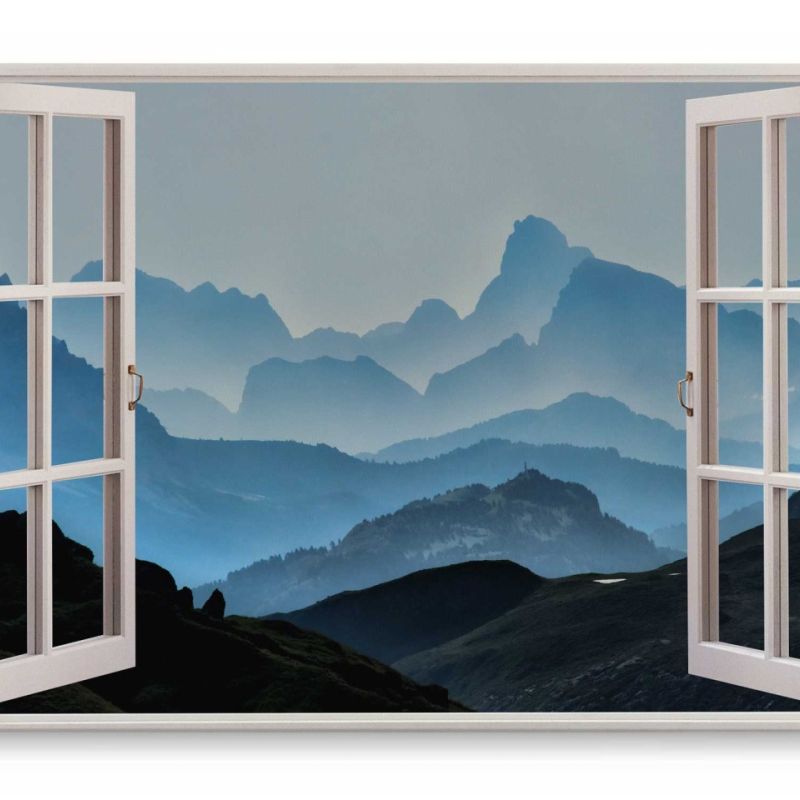 Wandbild 120x80cm Fensterbild Berge Bergkette Gebirge Blau Nebel