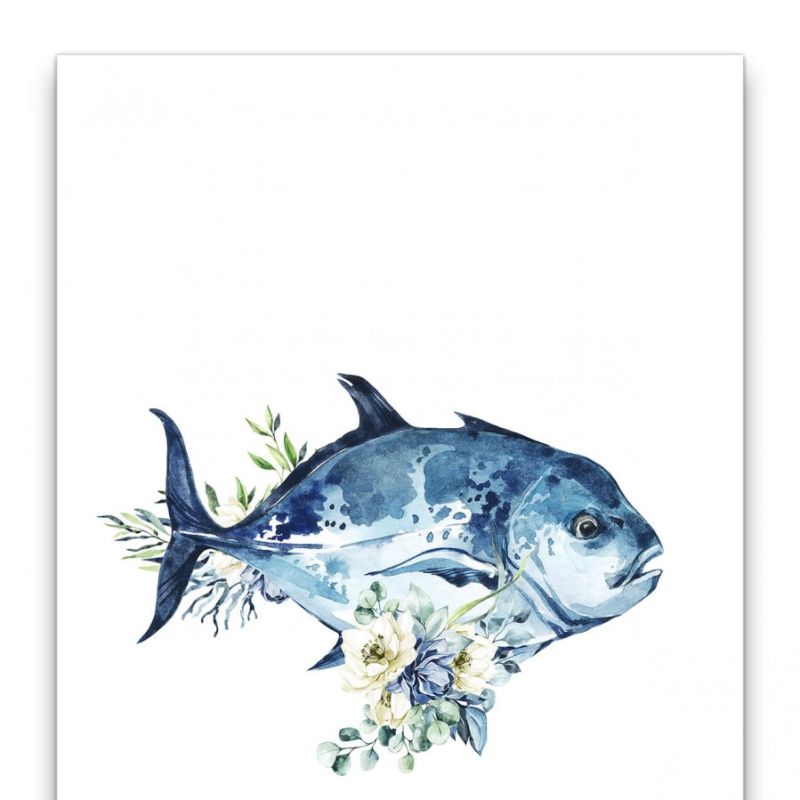 Fisch Blau Blumen Blüten Kunstvoll Aquarell Dekorativ