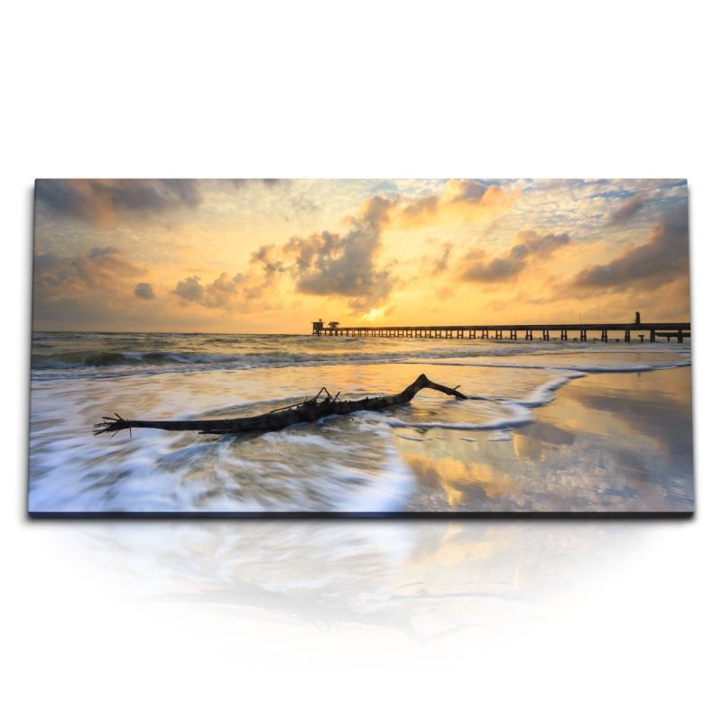 Kunstdruck Bilder 120x60cm Treibholz Strand Horizont Sonnenuntergang Abendrot