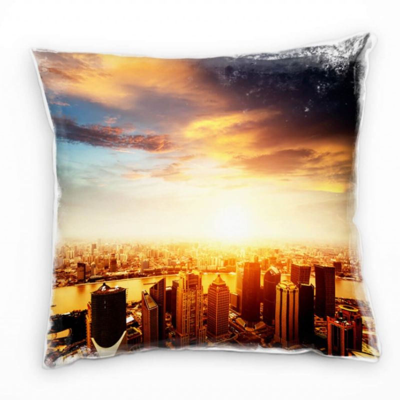 City, orange, blau, Shanghai, Sonnenuntergang Deko Kissen 40x40cm für Couch Sofa Lounge Zierkissen