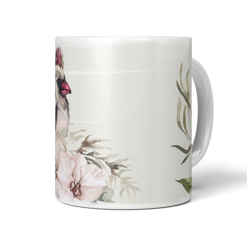 Dekorative Tasse mit schönem Vogel Motiv Fink Blumen Blüten Pastelltöne Vintage Wasserfarben