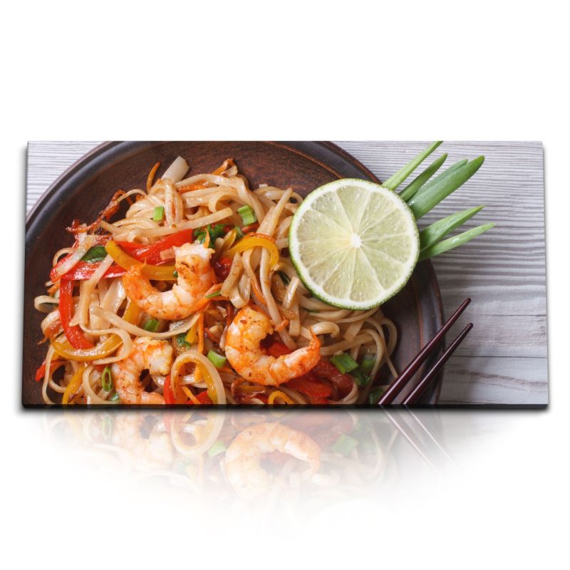 Kunstdruck Bilder 120x60cm Küche Essen Kochen asiatisches Gericht Nudeln Shrimps