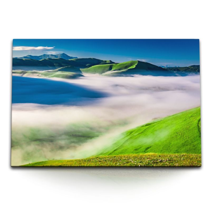 120x80cm Wandbild auf Leinwand Castelluccio Umbrien Italien Berge Hügel Nebel