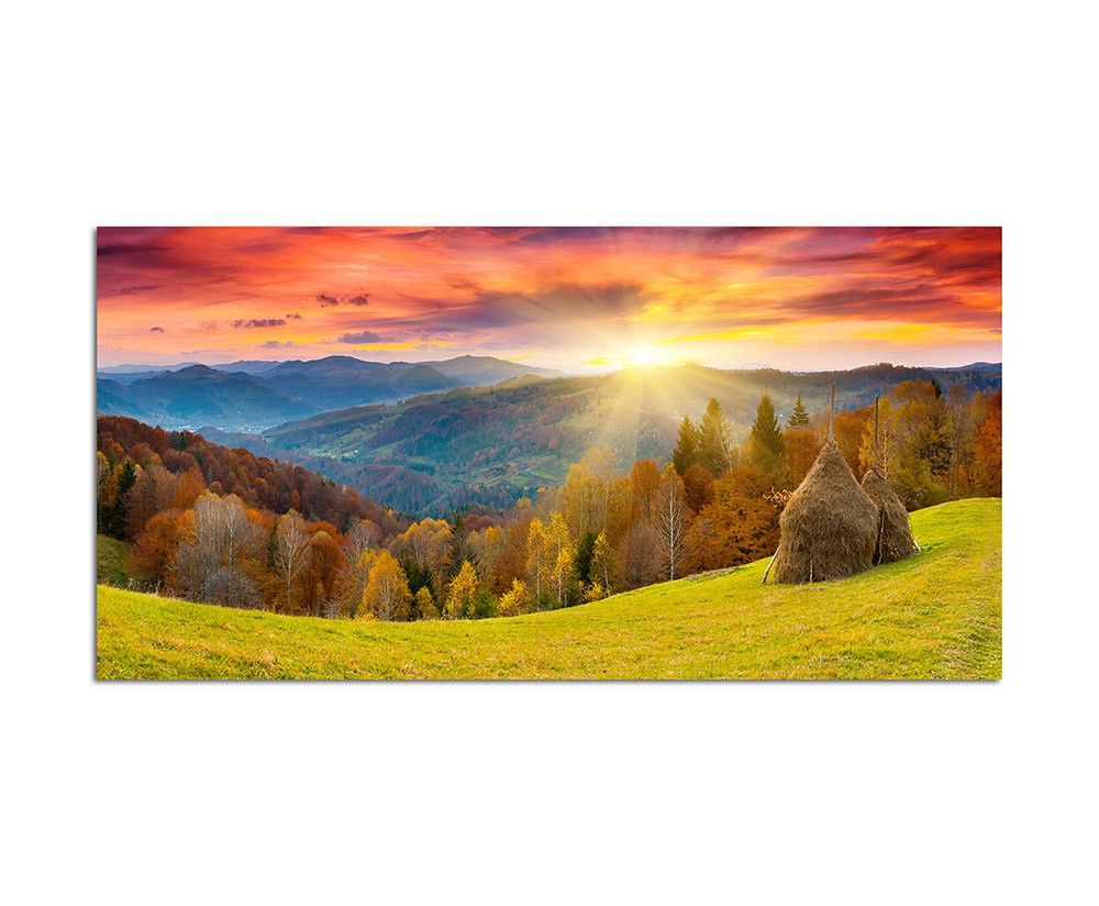 120x60cm Wandbild Berge Wald Wiese Sonne Herbst – Naturpracht auf Leinwand | Faszinierend und lebendig