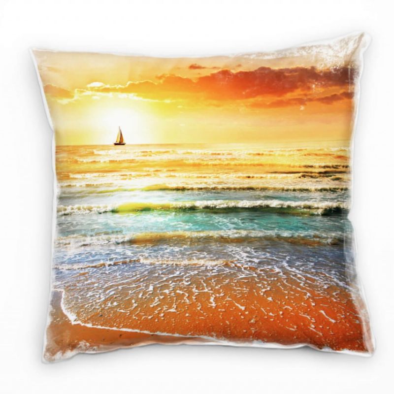 Strand und Meer, orange, Sonnenuntergang, Segelboot Deko Kissen 40x40cm für Couch Sofa Lounge Zierki