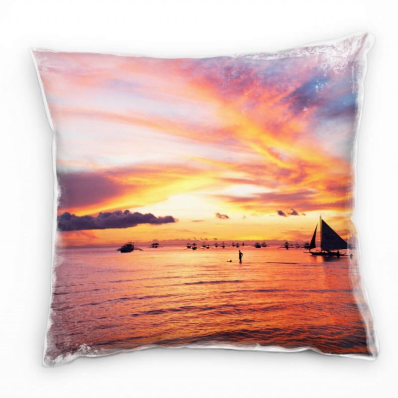 Strand und Meer, Schiffe, bunter Himmel, buntes Wasser Deko Kissen 40x40cm für Couch Sofa Lounge Zie