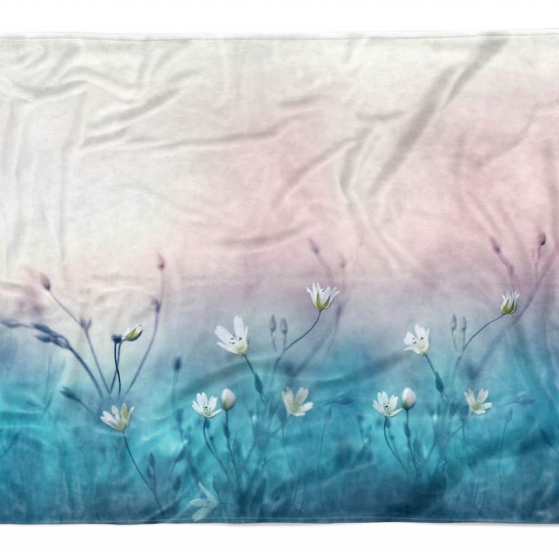 Handtuch Strandhandtuch Saunatuch Kuscheldecke  mit Fotomotiv weiße Blumen Blau