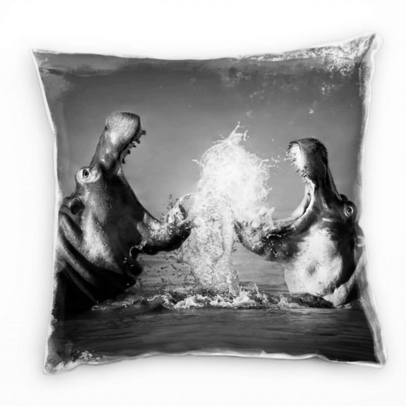 Tiere, schwarz, weiß, Nilpferde kämpfen im Wasser Deko Kissen 40x40cm für Couch Sofa Lounge Zierkiss