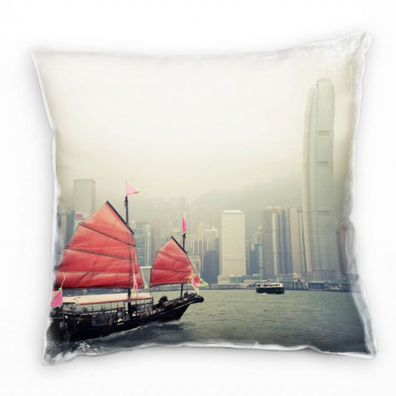 Urban und City, rot, beige, Segelboot, Asien, Hongkong Deko Kissen 40x40cm für Couch Sofa Lounge Zie