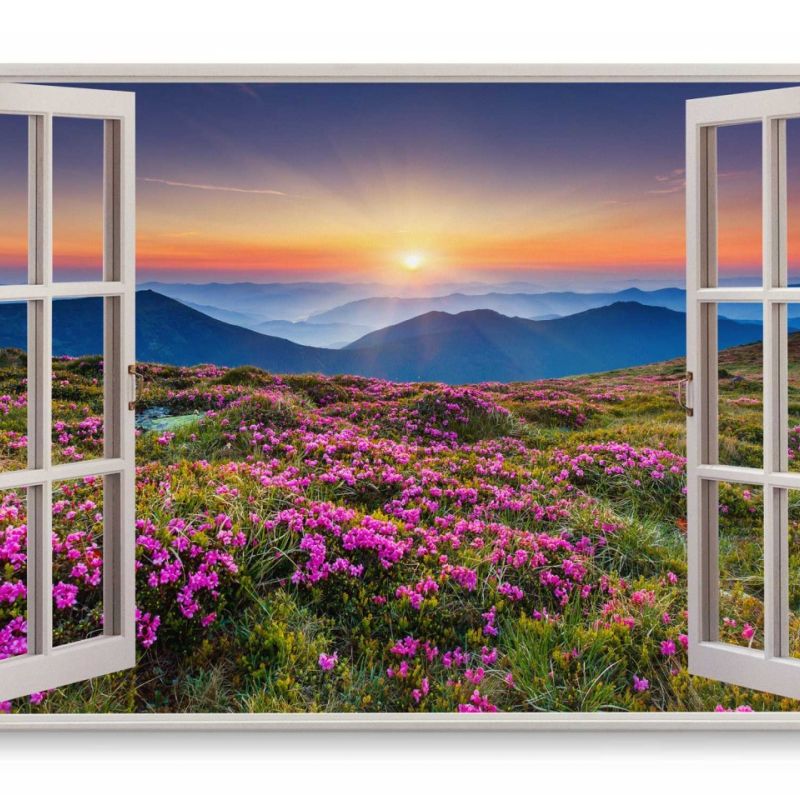 Wandbild 120x80cm Fensterbild Alpenlandschaft Wildblumen Blumen Berge Sonnenuntergang