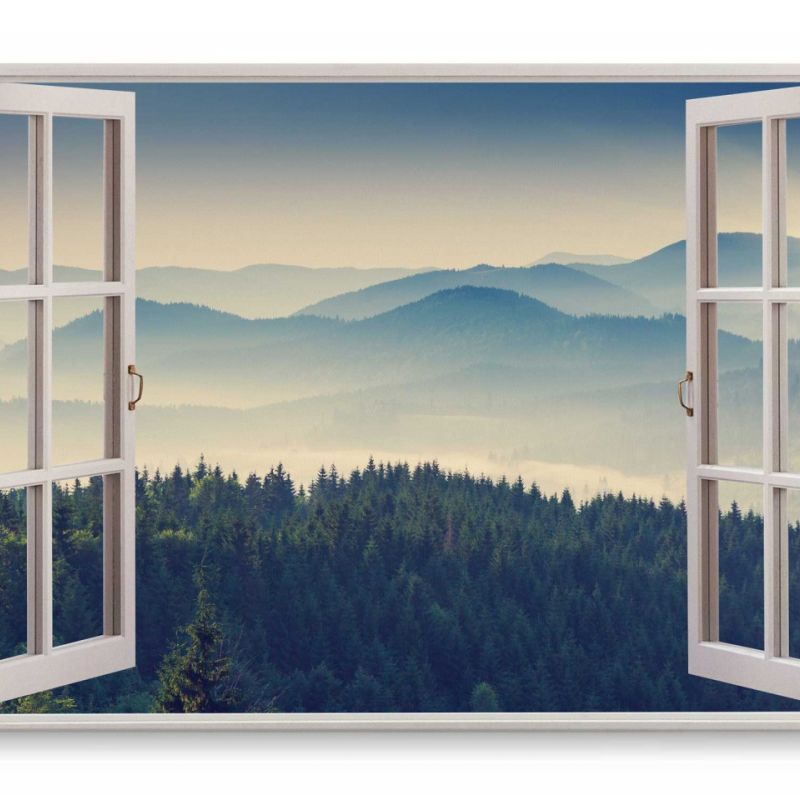 Wandbild 120x80cm Fensterbild Berge Tannen Wald Tannenwald Grün Natur Nebel