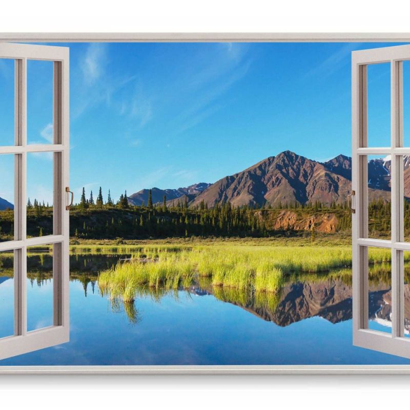 Wandbild 120x80cm Fensterbild Natur Alaska See Berge Grün Sommer