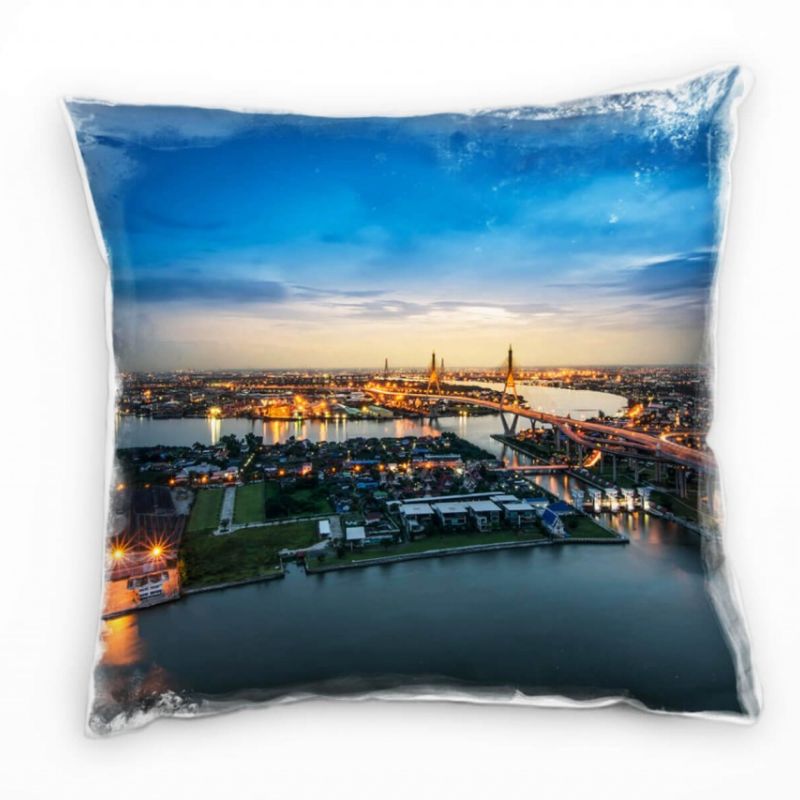 City, Bangkok, Nacht, Lichter, blau, grau, orange Deko Kissen 40x40cm für Couch Sofa Lounge Zierkiss