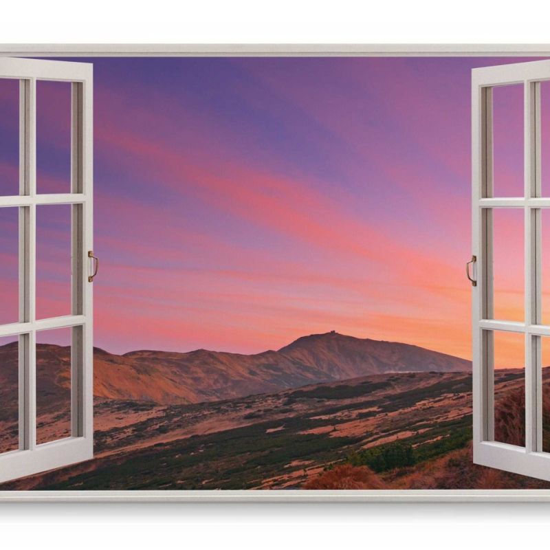 Wandbild 120x80cm Fensterbild Sonnenuntergang Berge Abendrot Natur Himmel