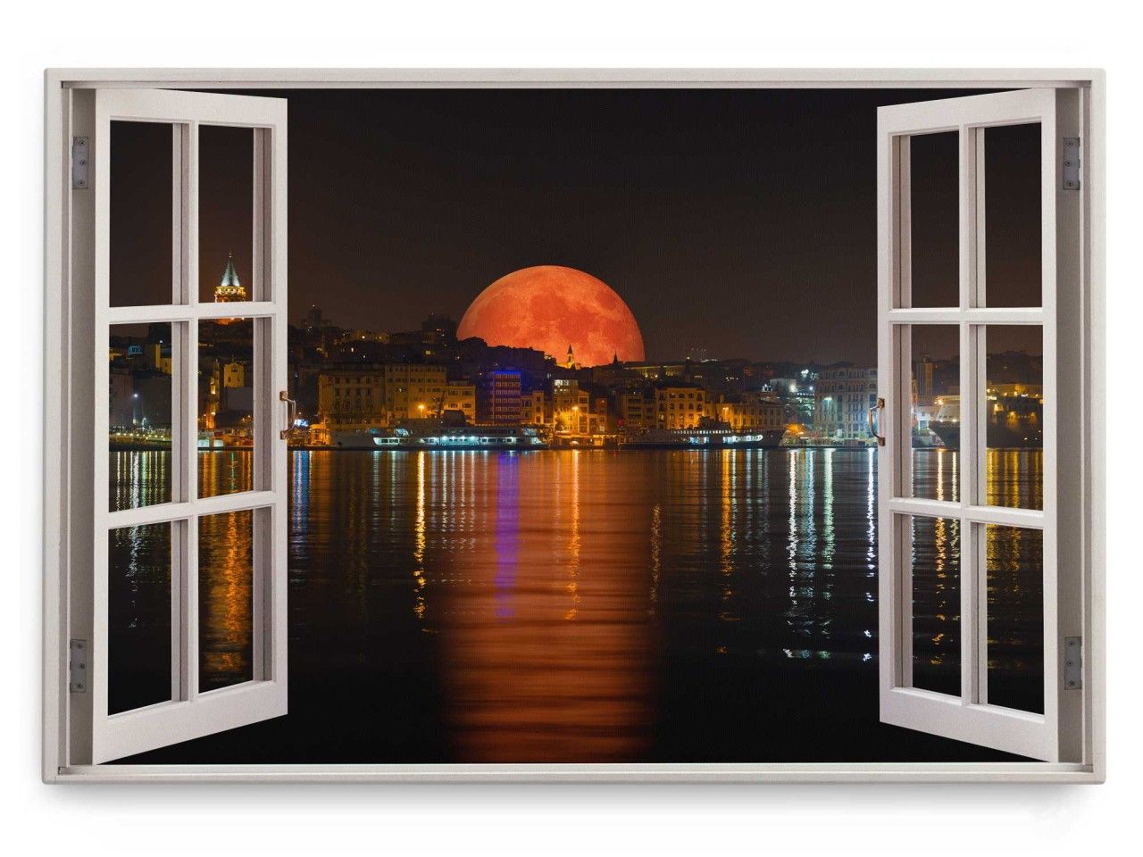 Wandbild 120x80cm Fensterbild Vollmond über Stadt Nacht Liverpool Stadtlichter