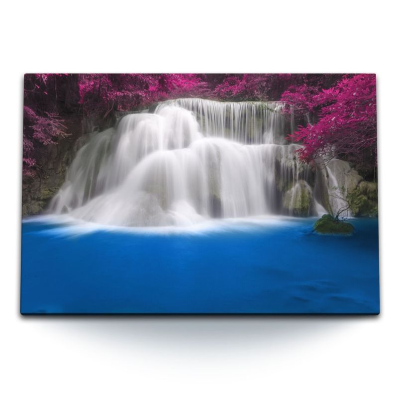 120x80cm Wandbild auf Leinwand Wasserfall im Dschungel Blau Tropisch Exotisch