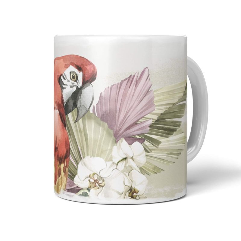 Dekorative Tasse mit schönem Vogel Motiv Papagei Blumen Blüten Blumenstrauß Vintage Pastellton